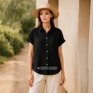Cabana Black Linen Blend Short Sleeve Button Down Shirt High Low Hem Size XS